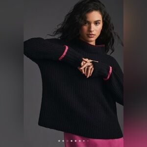 Maeve by Anthropologie Black Mock Neck Sweater with Pink Trim